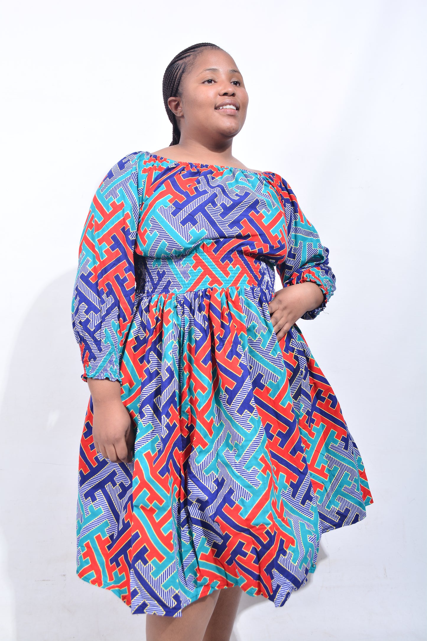 T8204 Traditional African Kente Fabric Blue, Red, Yellow, White, Green Dress