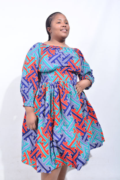 T8204 Traditional African Kente Fabric Blue, Red, Yellow, White, Green Dress