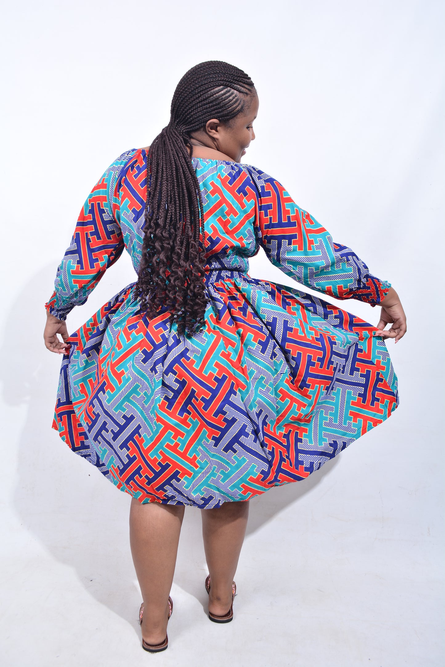 T8204 Traditional African Kente Fabric Blue, Red, Yellow, White, Green Dress