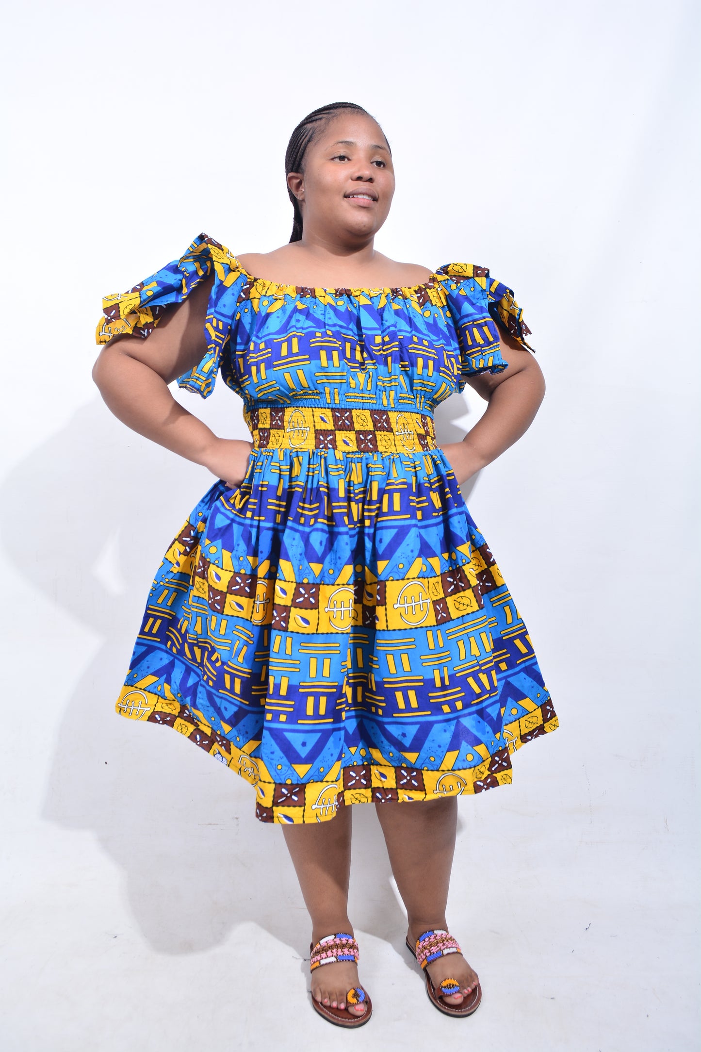 T8205 Traditional African Kente Fabric Yellow, Blue, Brown, Black & White Dress