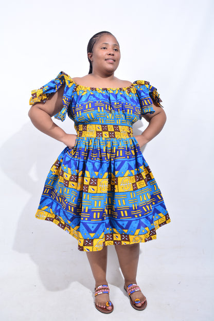 T8205 Traditional African Kente Fabric Yellow, Blue, Brown, Black & White Dress