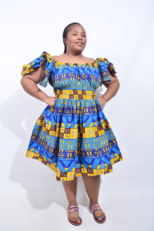 T8205 Traditional African Kente Fabric Yellow, Blue, Brown, Black & White Dress