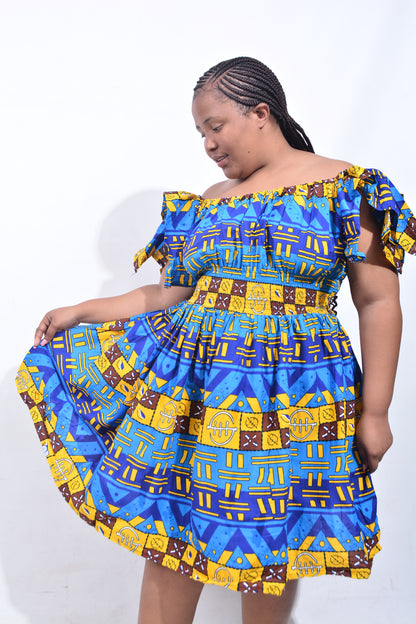 T8205 Traditional African Kente Fabric Yellow, Blue, Brown, Black & White Dress