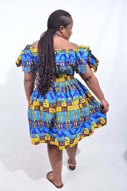 T8205 Traditional African Kente Fabric Yellow, Blue, Brown, Black & White Dress