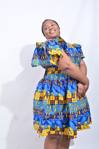 T8205 Traditional African Kente Fabric Yellow, Blue, Brown, Black & White Dress