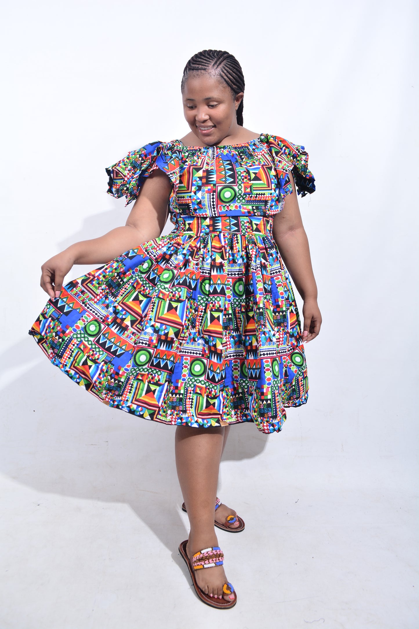 T8206 Traditional African Kente Fabric Green, Blue, Red, Pink, White & Black Dress