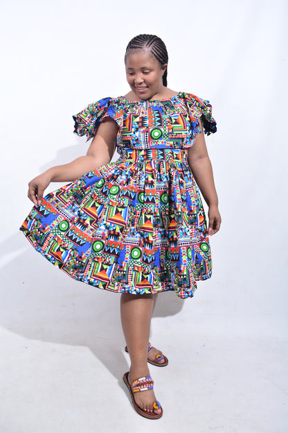 T8206 Traditional African Kente Fabric Green, Blue, Red, Pink, White & Black Dress