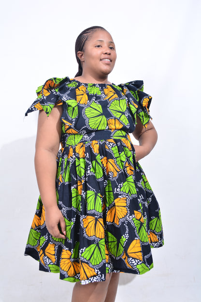 T8178 Traditional African Kente Fabric Black Green Orange Dress