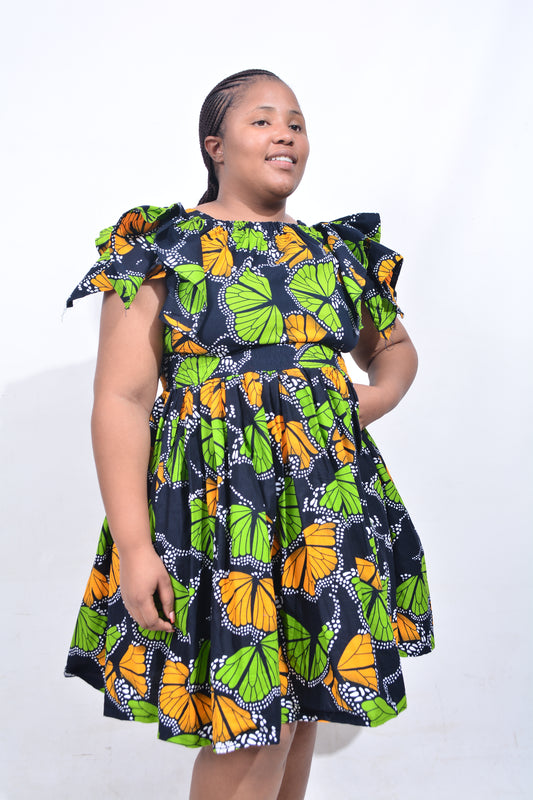 T8178 Traditional African Kente Fabric Black Green Orange Dress