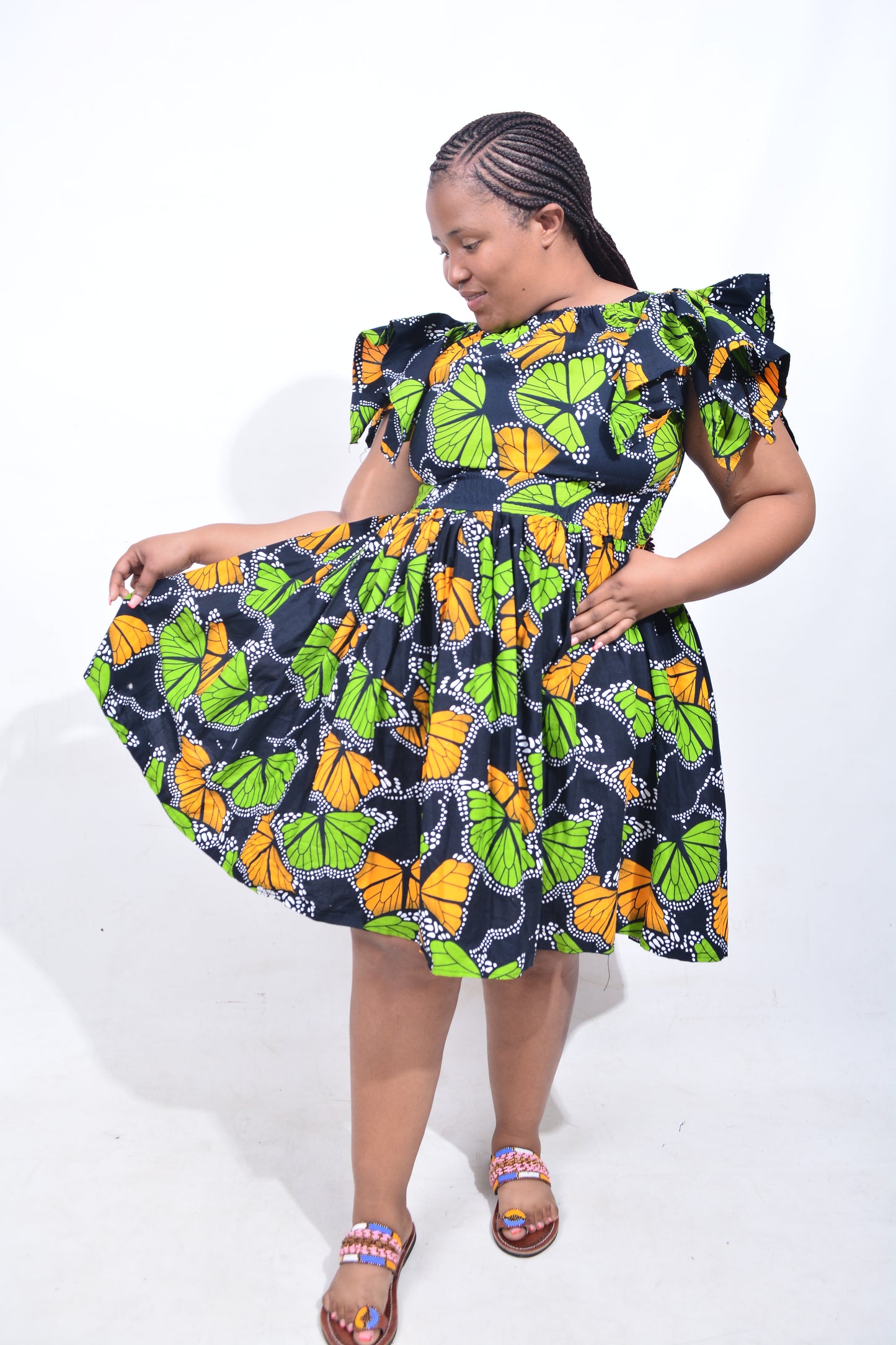 T8178 Traditional African Kente Fabric Black Green Orange Dress