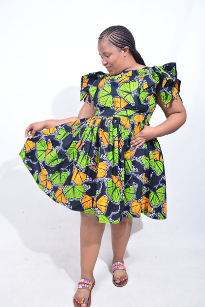 T8178 Traditional African Kente Fabric Black Green Orange Dress