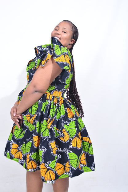 T8178 Traditional African Kente Fabric Black Green Orange Dress