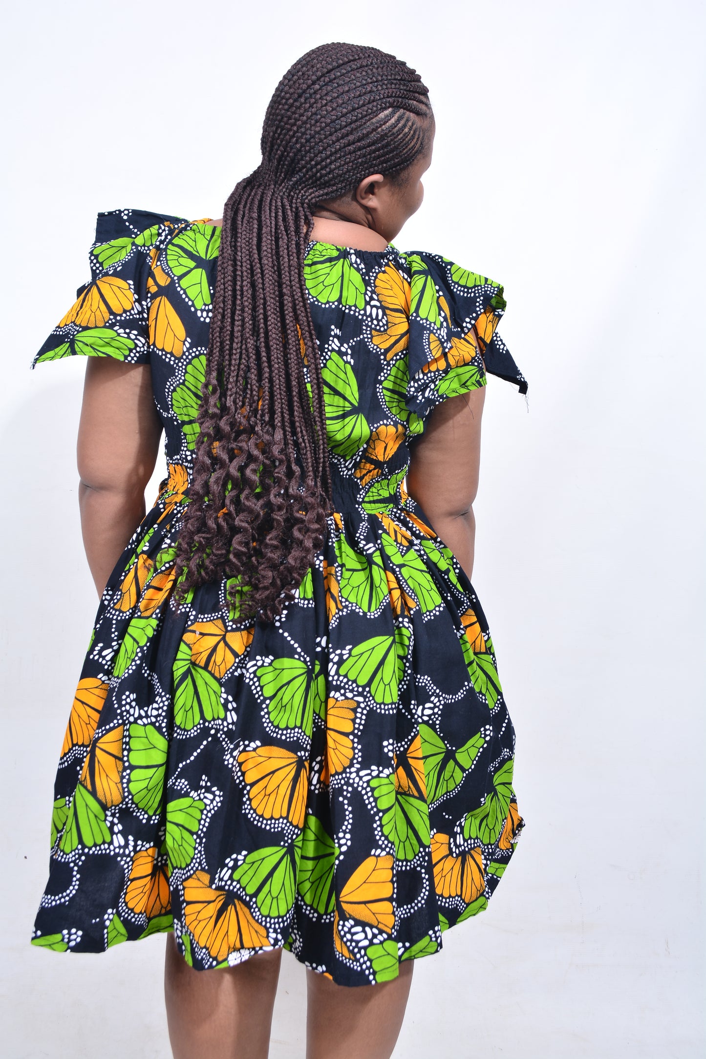 T8178 Traditional African Kente Fabric Black Green Orange Dress