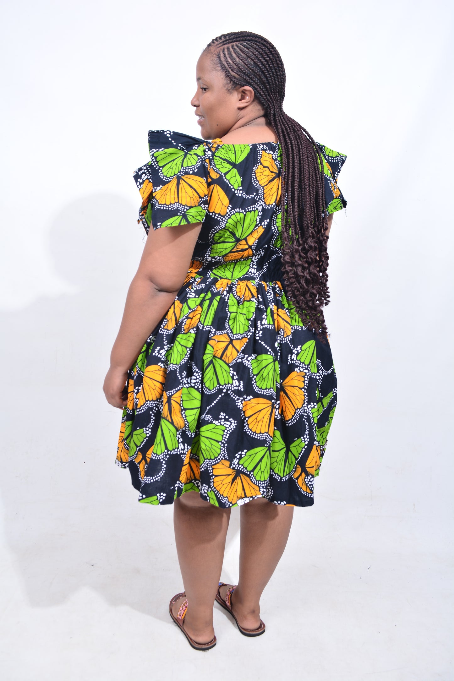 T8178 Traditional African Kente Fabric Black Green Orange Dress