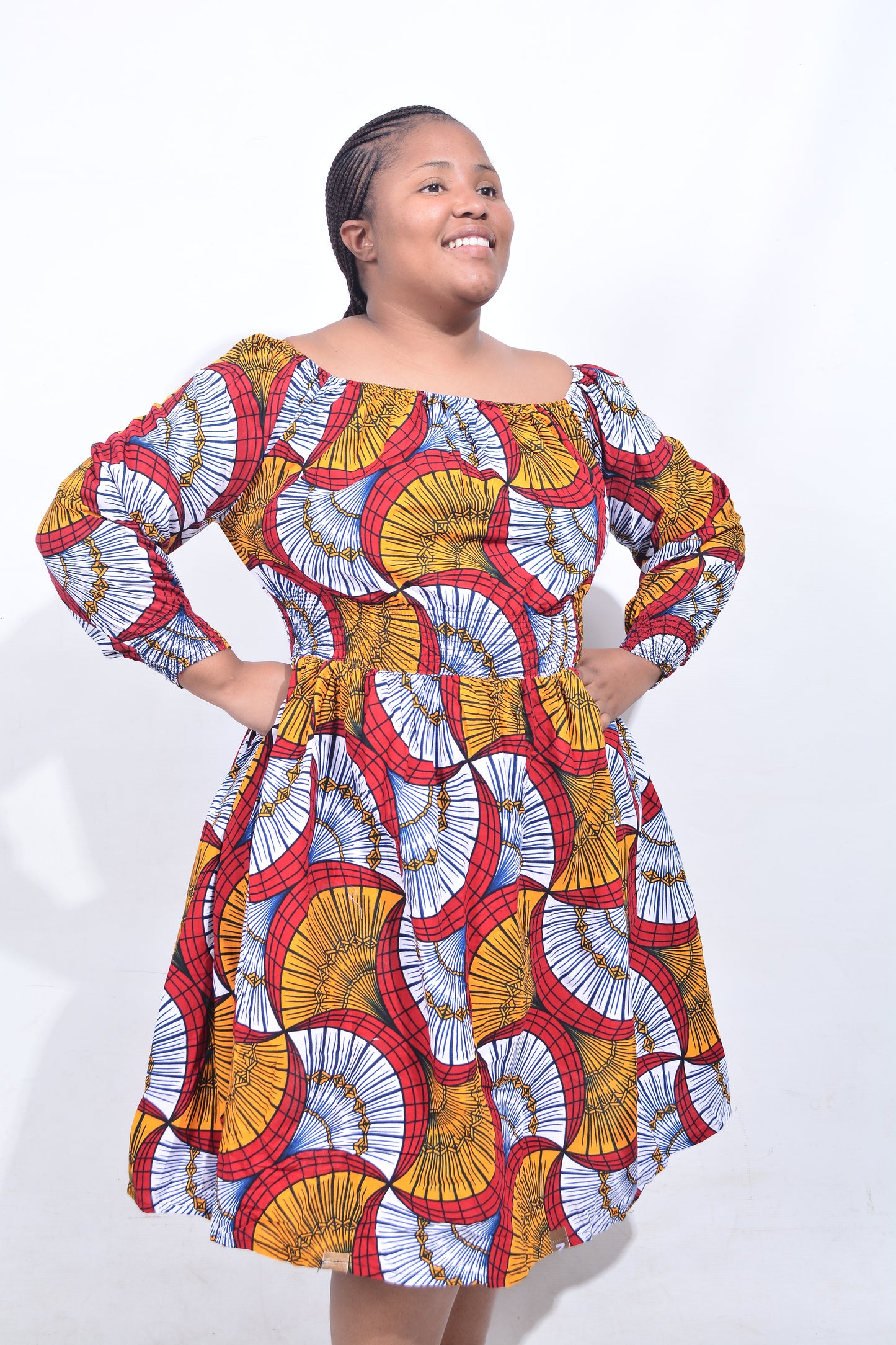 T8207 Traditional African Kente Fabric Orange, Red, White & Black Dress