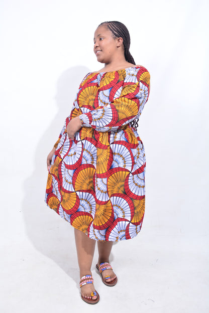 T8207 Traditional African Kente Fabric Orange, Red, White & Black Dress