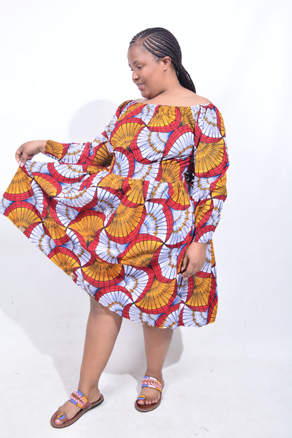 T8207 Traditional African Kente Fabric Orange, Red, White & Black Dress