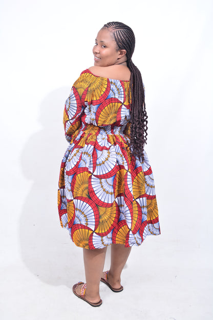 T8207 Traditional African Kente Fabric Orange, Red, White & Black Dress