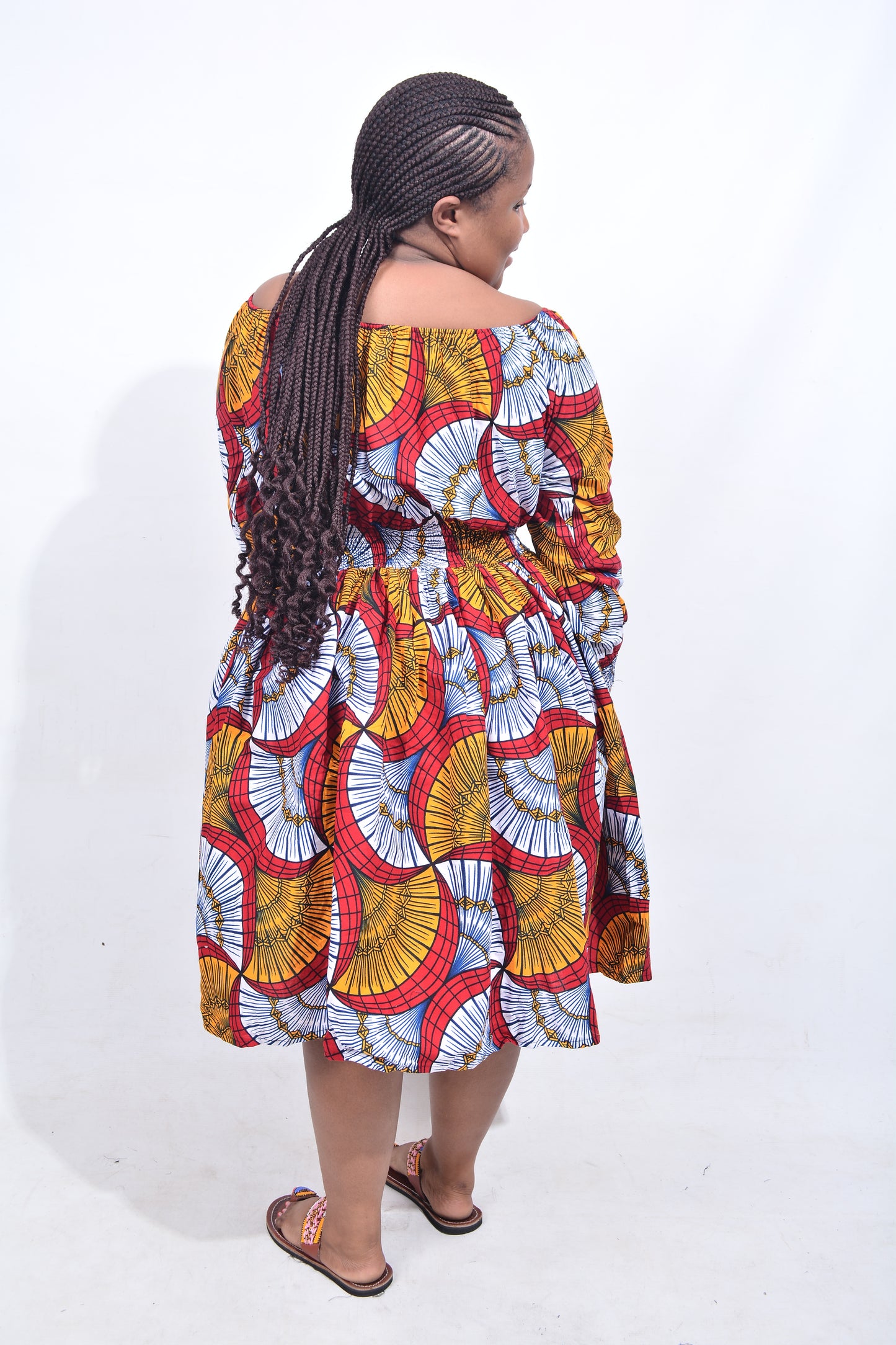 T8207 Traditional African Kente Fabric Orange, Red, White & Black Dress