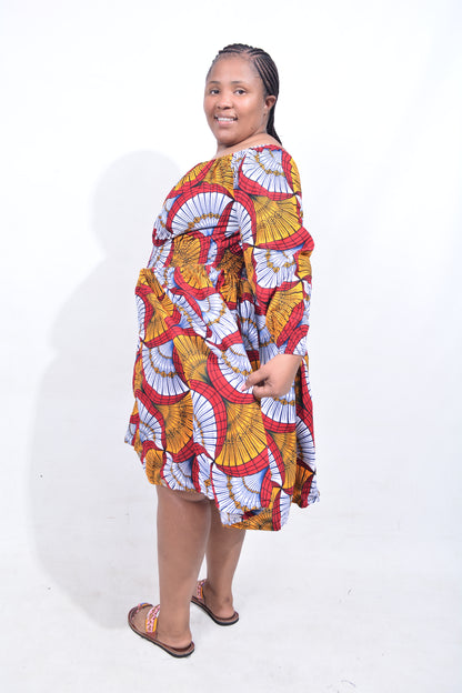 T8207 Traditional African Kente Fabric Orange, Red, White & Black Dress
