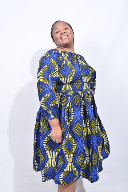 T8177 Traditional African Kente Fabric Blue Mustard Black Dress