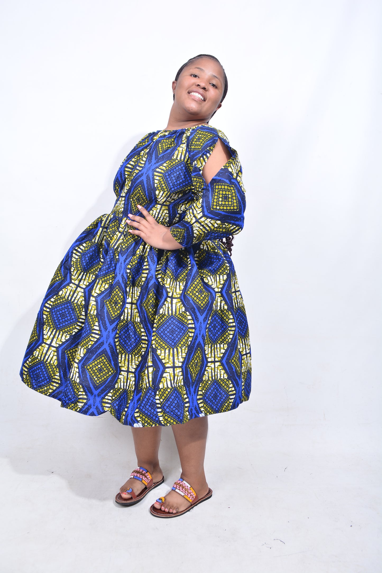 T8177 Traditional African Kente Fabric Blue Mustard Black Dress
