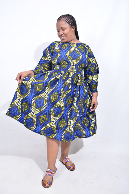 T8177 Traditional African Kente Fabric Blue Mustard Black Dress