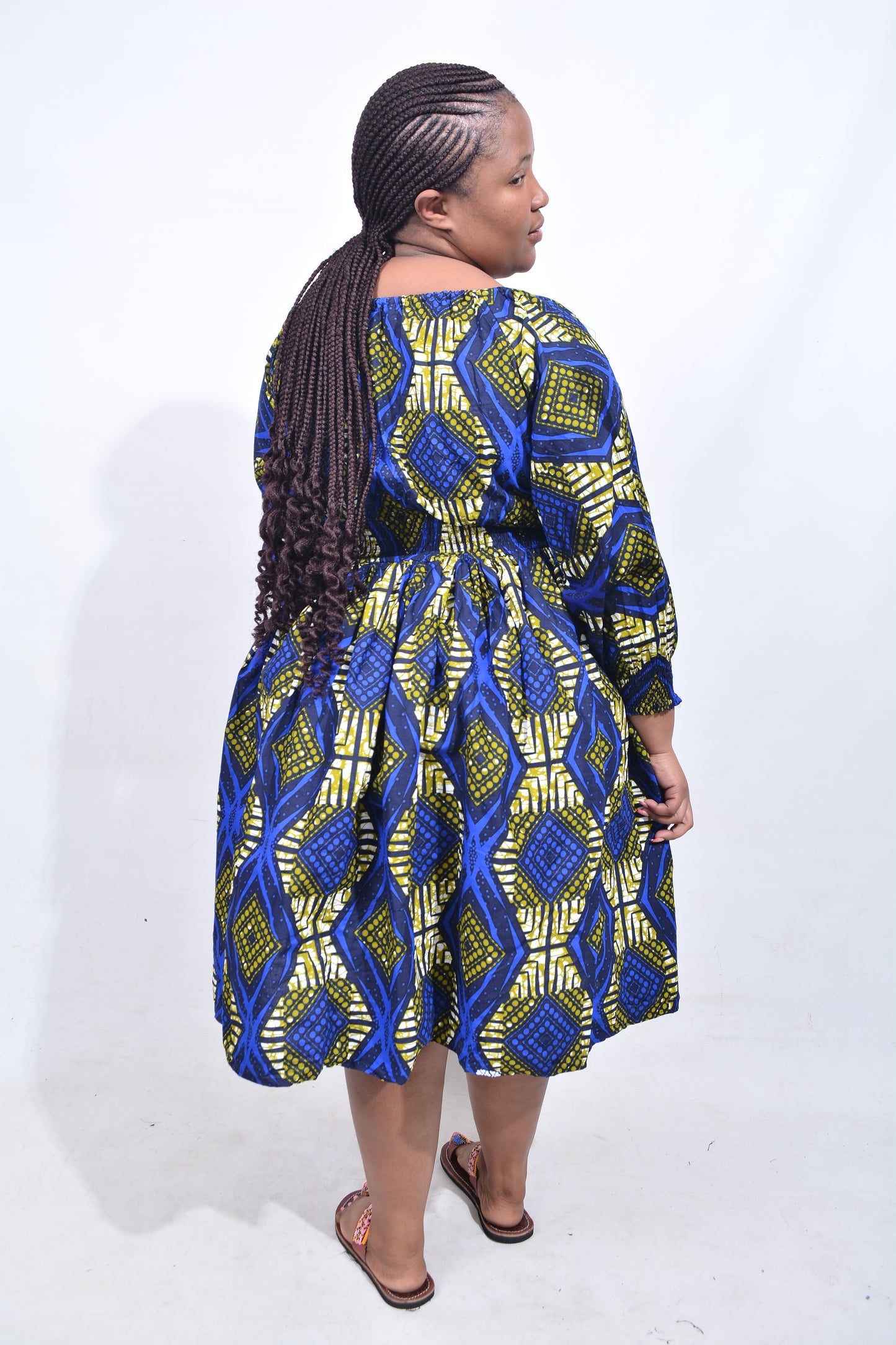 T8177 Traditional African Kente Fabric Blue Mustard Black Dress