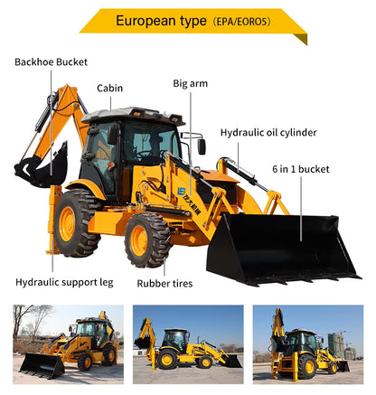 Backhoe Loader With 6 In 1 Bucket Enables Multifunctional Operation Digging And Dozing