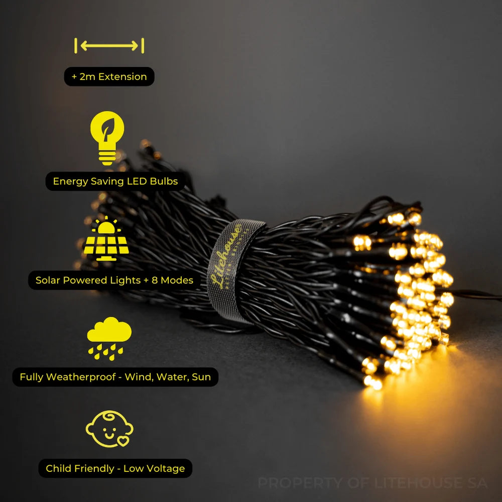 Litehouse Black String Solar Fairy Lights - 10m