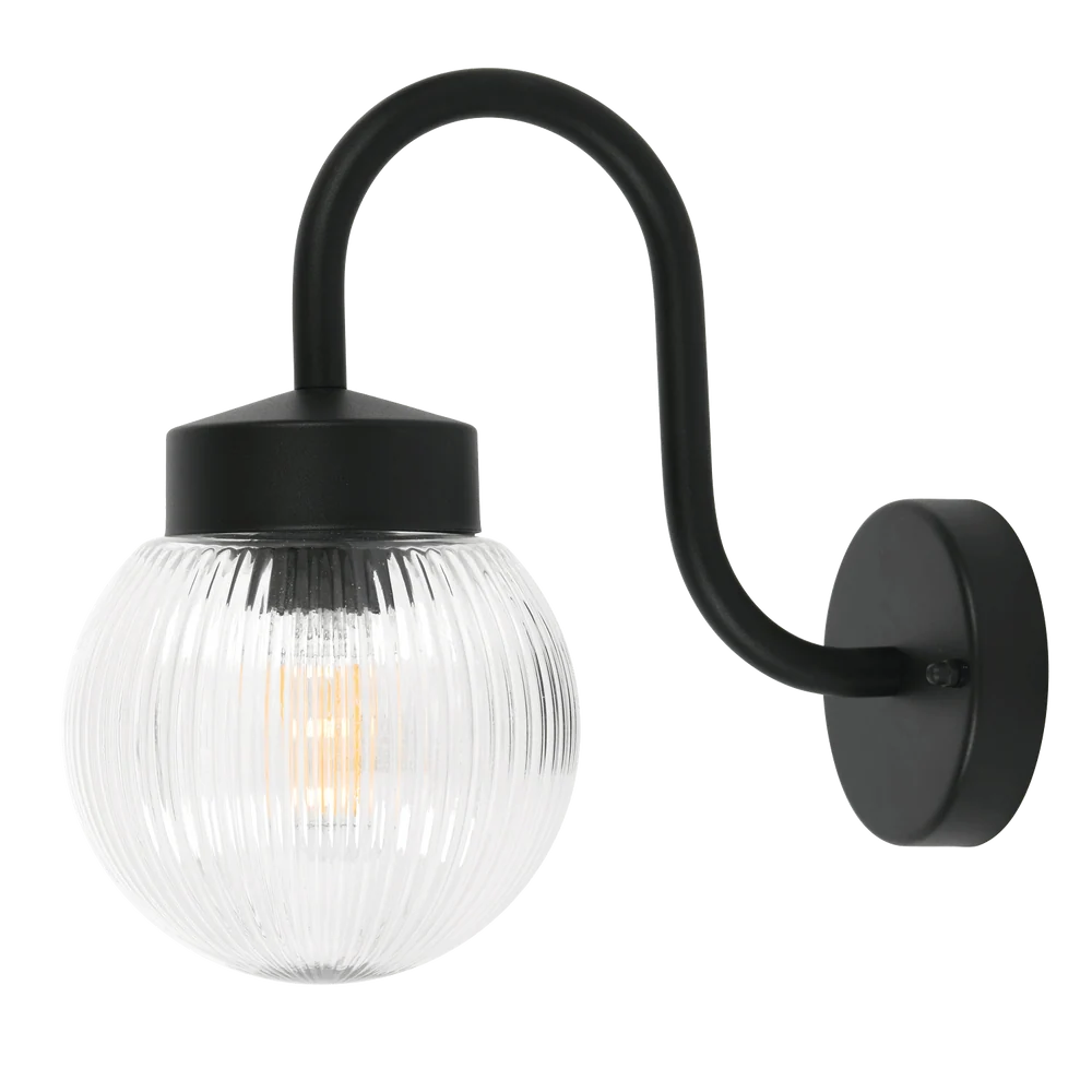 Rae Black Outdoor Wall Light with Ribbed Glass