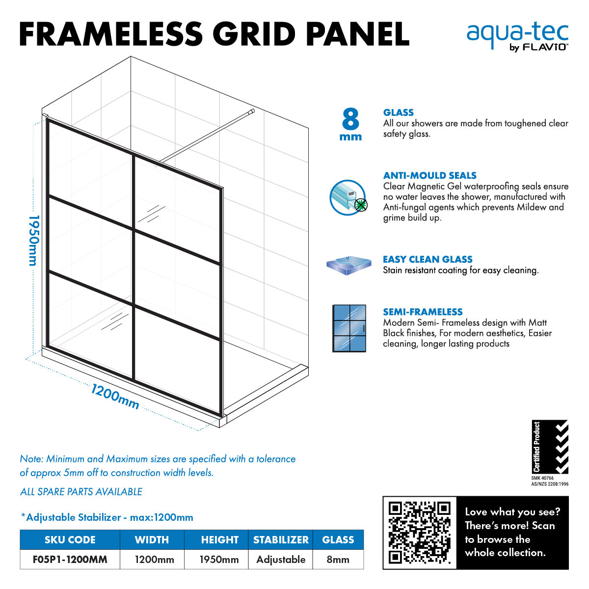 Aquatec Screen Blk Cottage Pane 1200 (6 Block)
