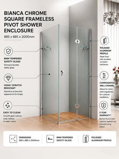 Bianca Chrome Square Frameless Shower Enclosure 885 x 885 x 2000mm