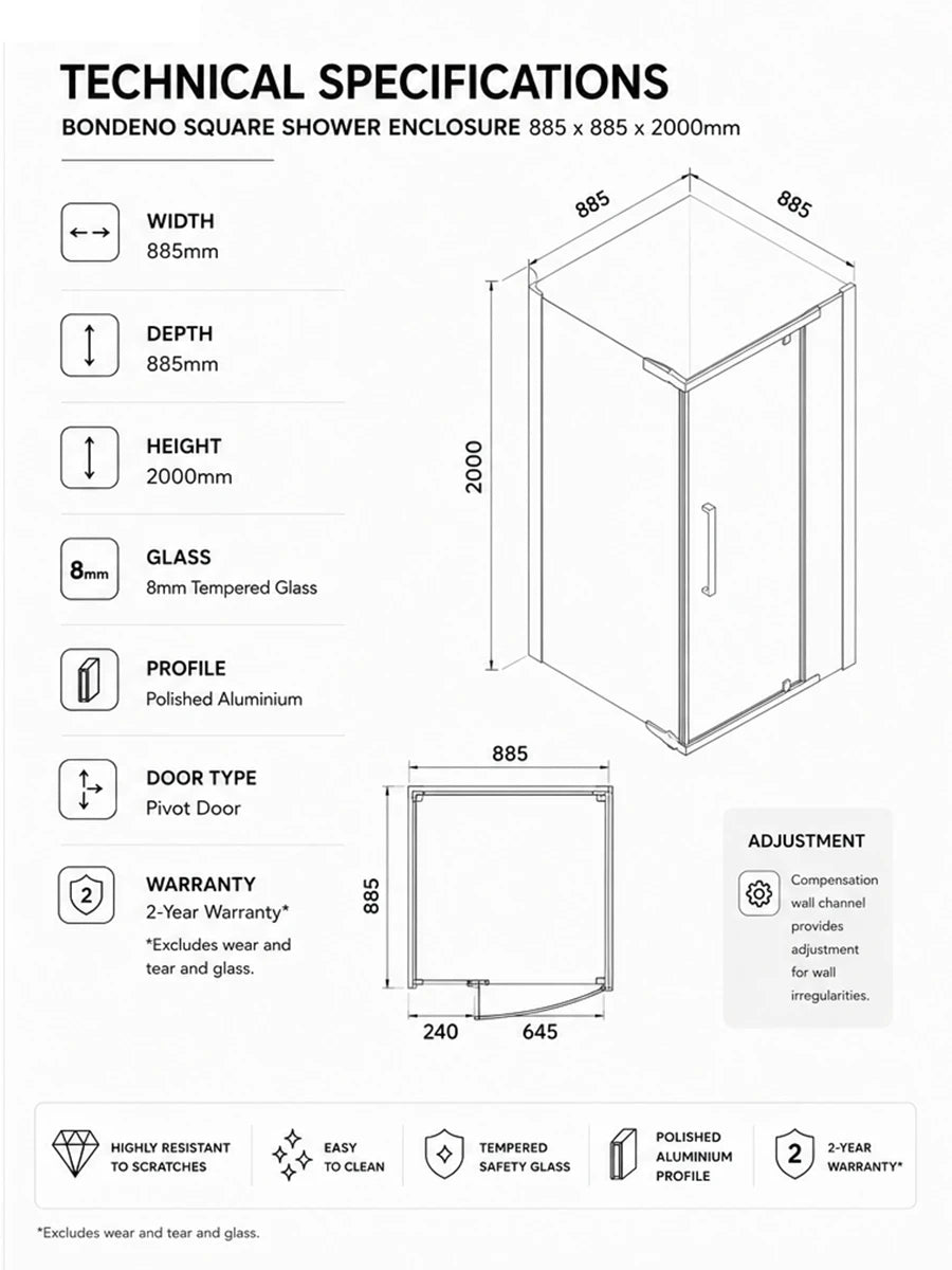 Bondeno Square Shower Enclosure 885 x 885 x 2000mm