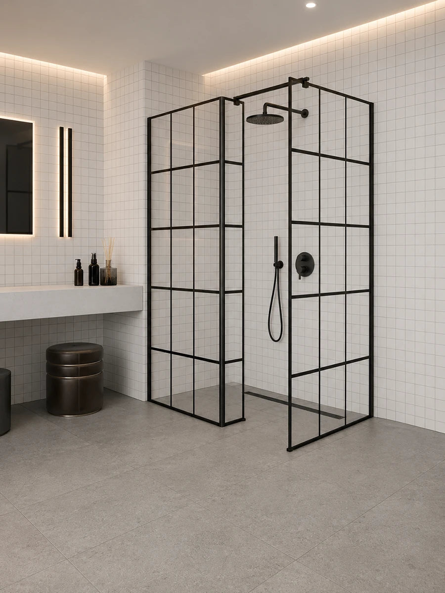 Lusso Black Wall Mounted Walk In Shower Enclosure 1330-1680 x 900 x 2000mm