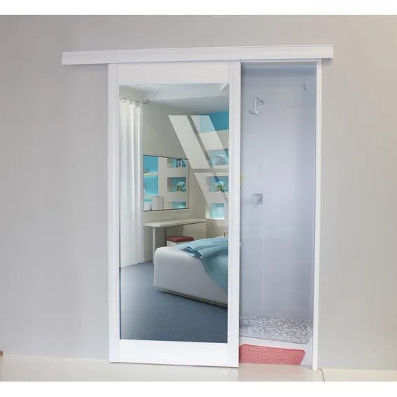Interior Sliding Door kit with sliding mechanism MDF/Glass 1 Side Mirror 1 Side White-w890xh2050mm