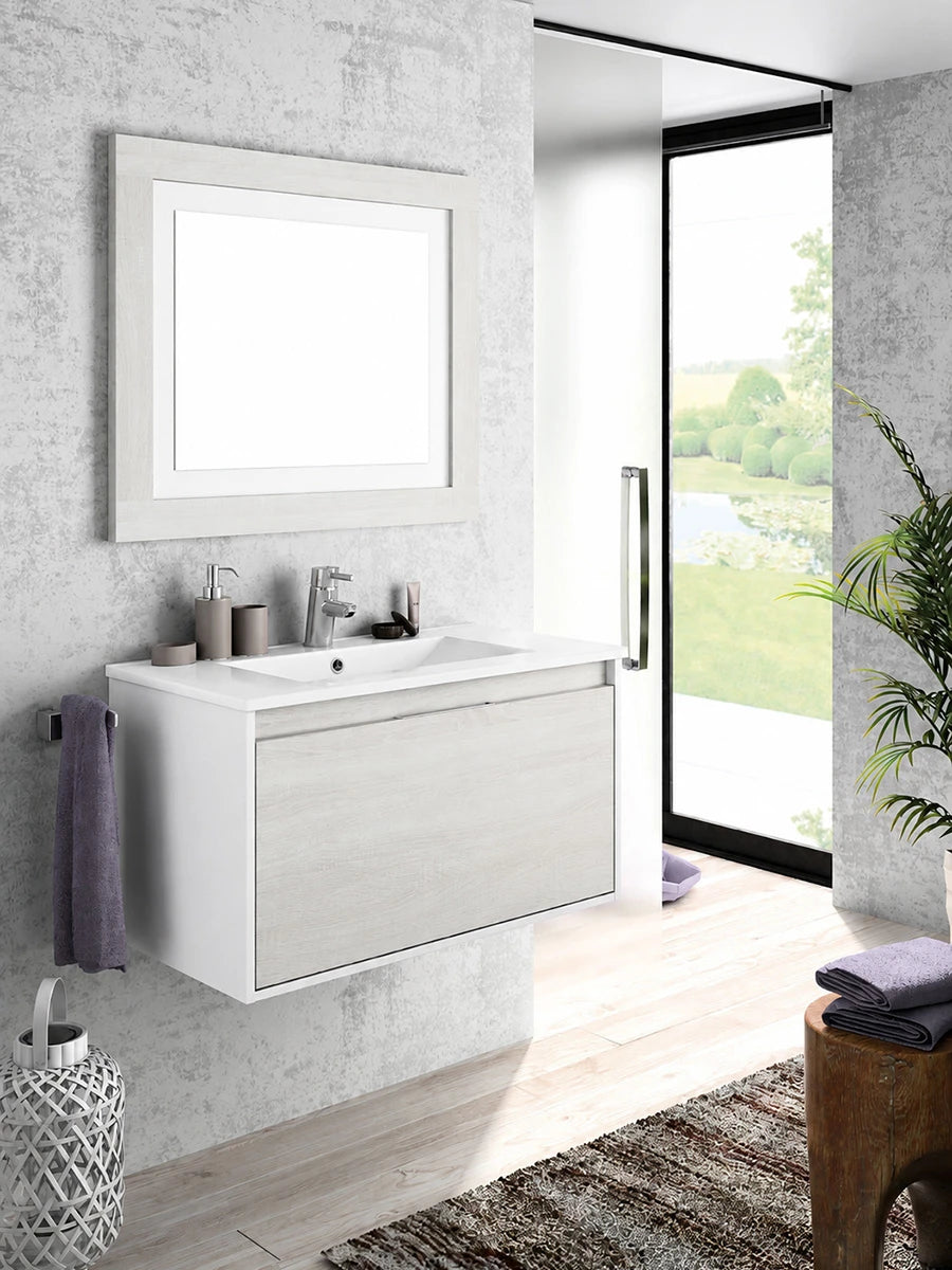 Valencia White & Hibernian Wall Hung Vanity, Basin & Mirror 800 x 450 x 450mm
