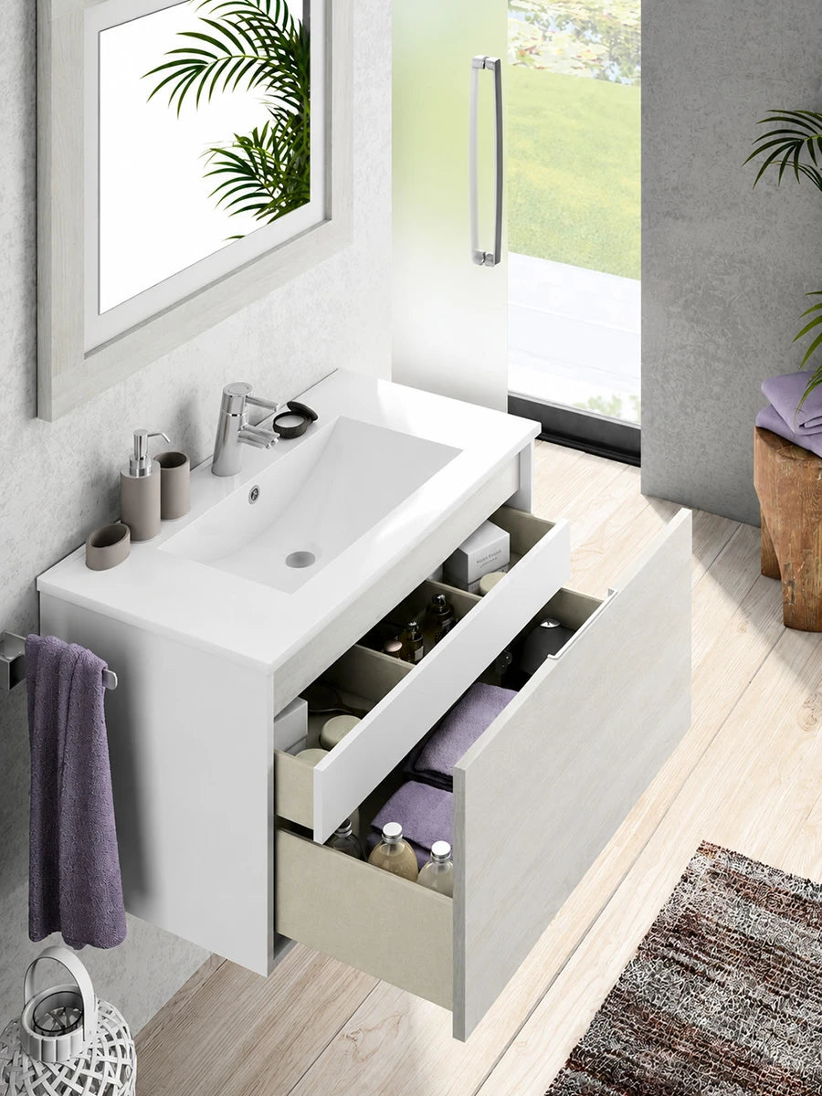 Valencia White & Hibernian Wall Hung Vanity, Basin & Mirror 800 x 450 x 450mm