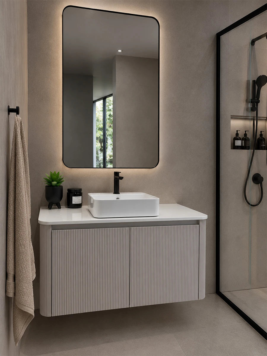 Cotto Quartzo Tan Slatted Wall Hung Vanity With White Top 1000 x 550 x 540mm