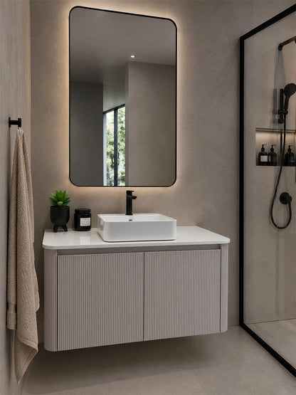 Cotto Quartzo Tan Slatted Wall Hung Vanity With White Top 1000 x 550 x 540mm