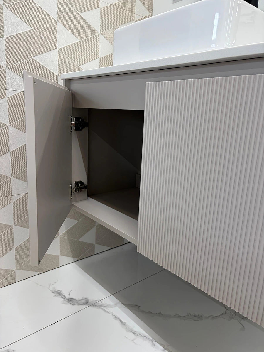 Cotto Quartzo Tan Slatted Wall Hung Vanity With White Top 1000 x 550 x 540mm
