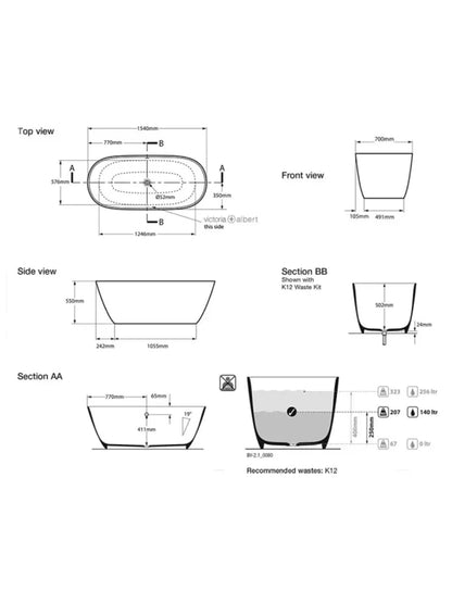 Victoria & Albert Lussari 1 Matt Black Freestanding Bath 1540 x 700 x 550mm