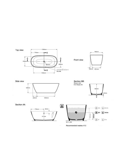 Victoria & Albert Lussari 1 Gloss Black Freestanding Bath 1540 x 700 x 550mm