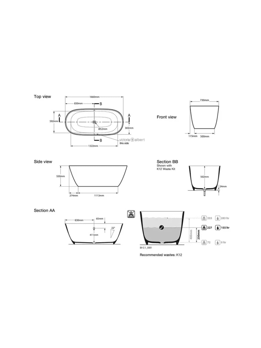 Victoria & Albert Lussari 2 Gloss Black Freestanding Bath 1660 x 730 x 550mm
