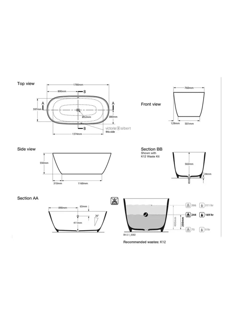 Victoria & Albert Lussari 3 Gloss Black Freestanding Bath 1780 x 760 x 550mm
