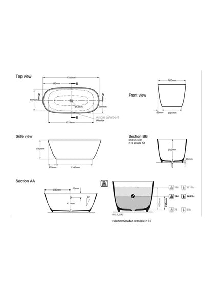 Victoria & Albert Lussari 3 Gloss Black Freestanding Bath 1780 x 760 x 550mm