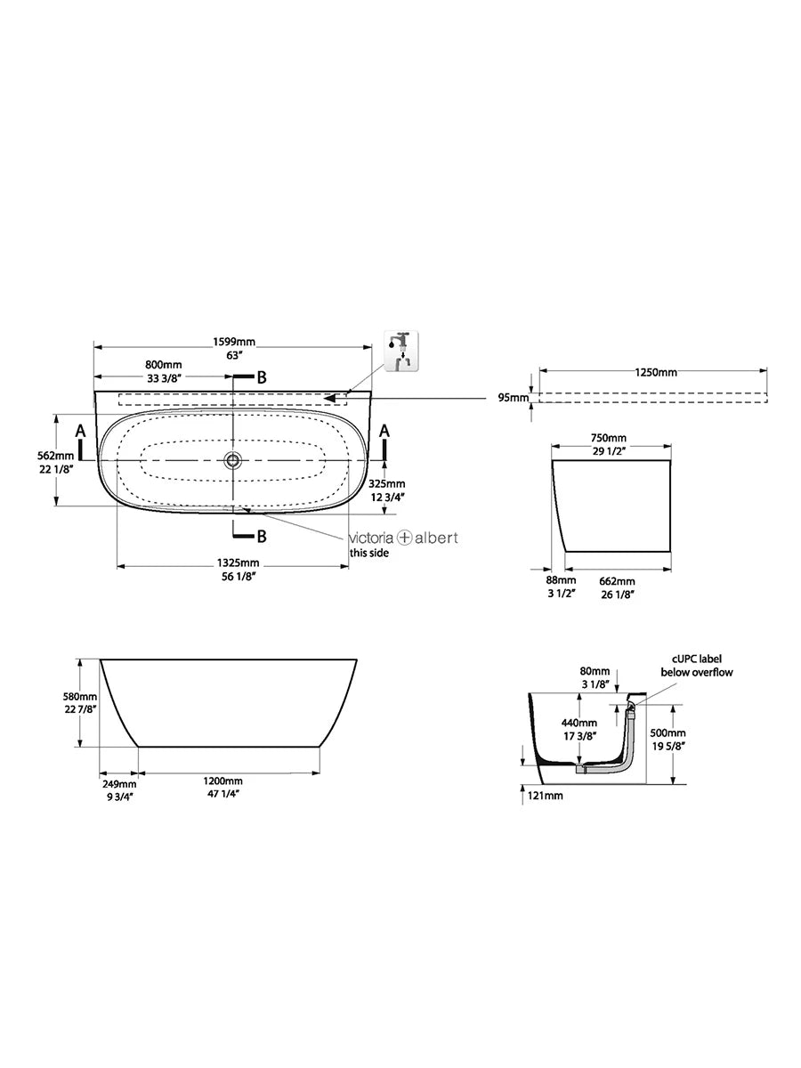 Victoria & Albert Lussari Gloss White Back To Wall Bath 1599 x 750 x 580mm