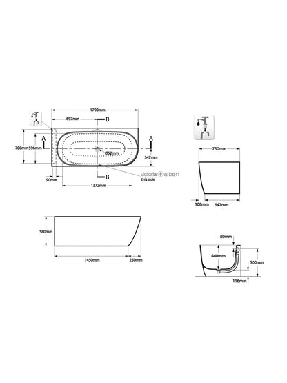Victoria & Albert Lussari Gloss White Left Hand Corner Bath 1700 x 700 x 580mm