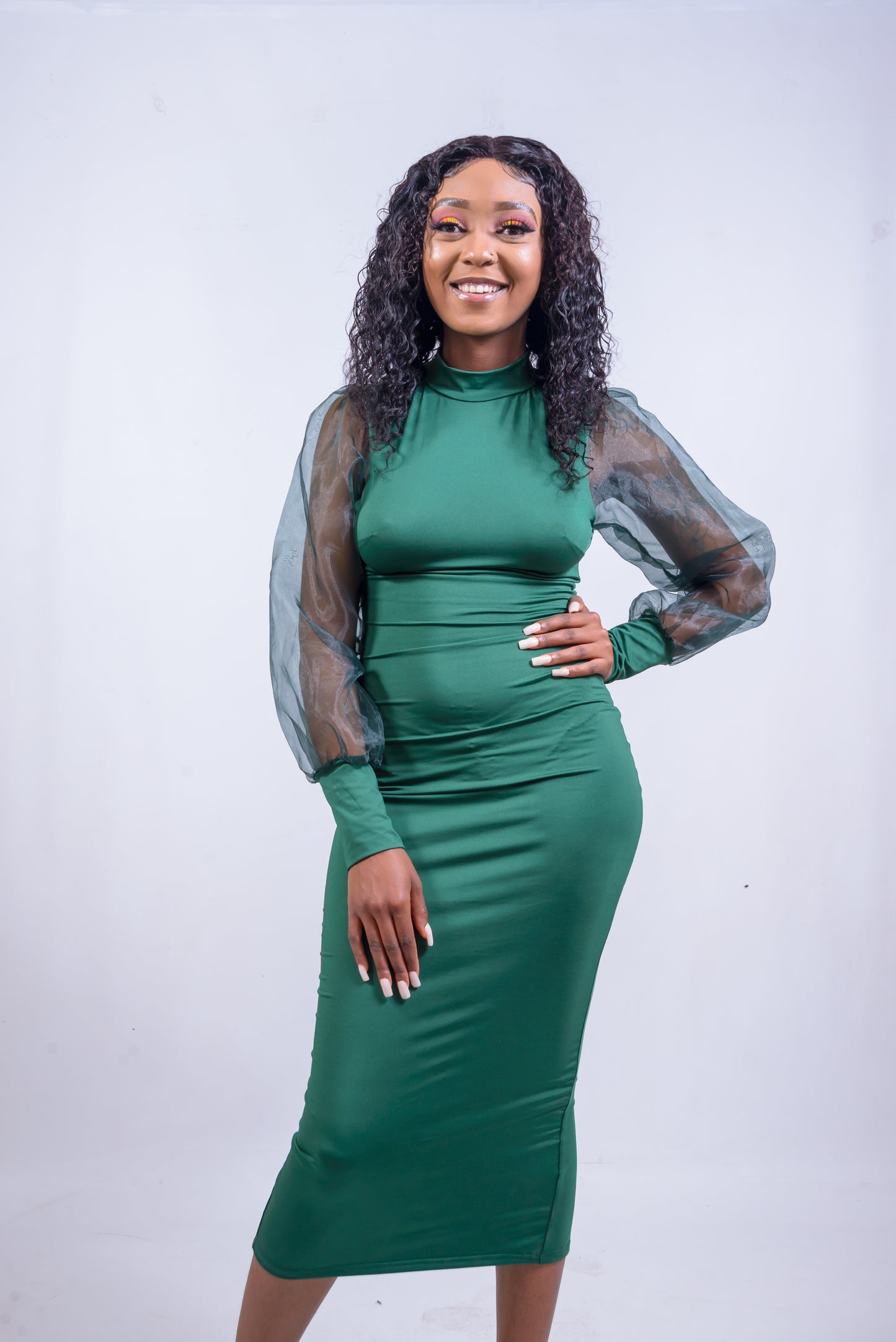 High Neck Bodycon Dress, Organza Puff Sleeves