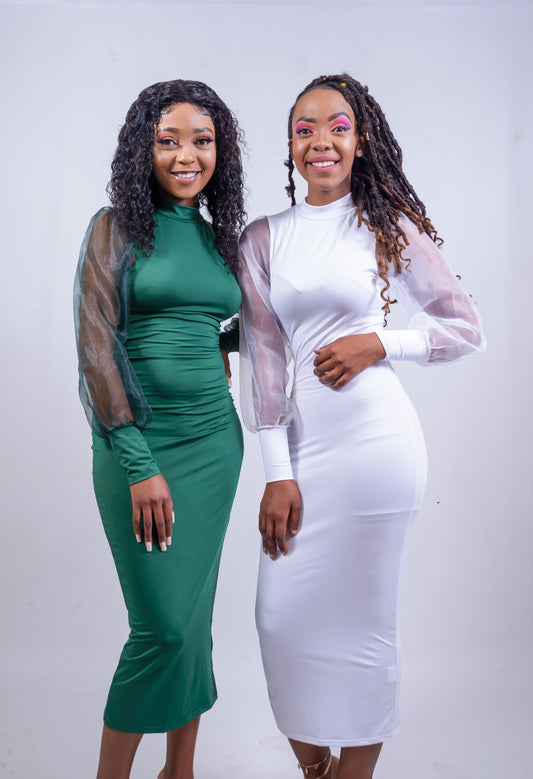 High Neck Bodycon Dress, Organza Puff Sleeves